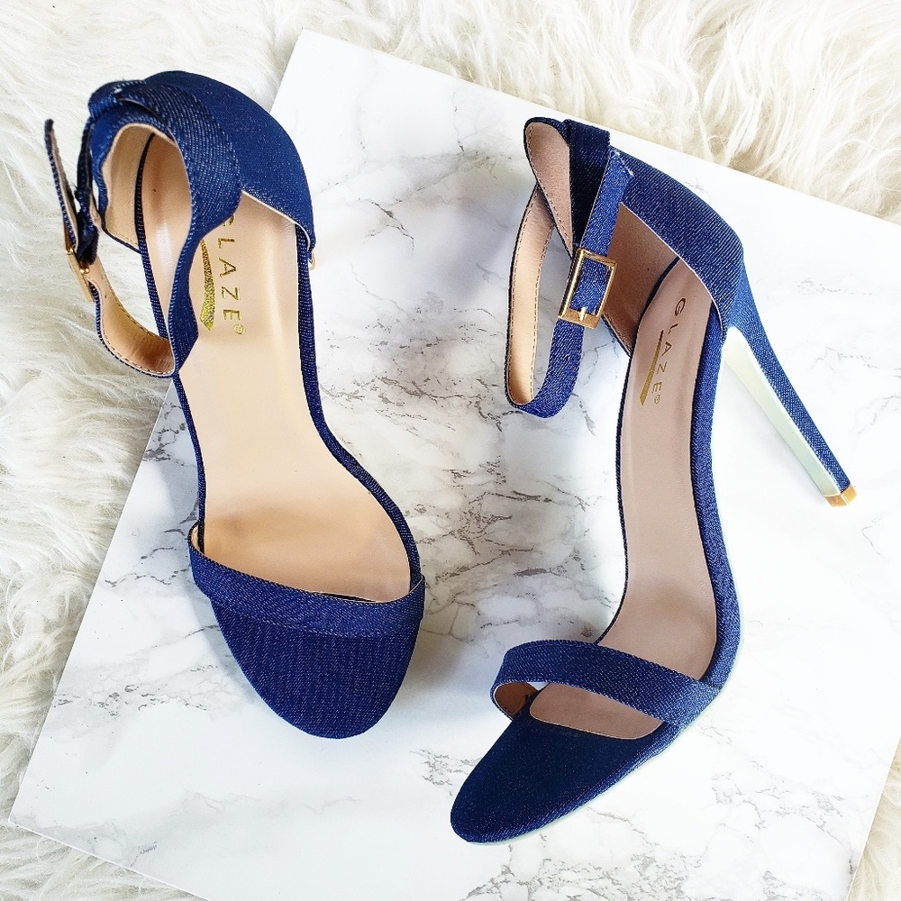 Open Toe Denim Style Ankle Strap Stiletto heels